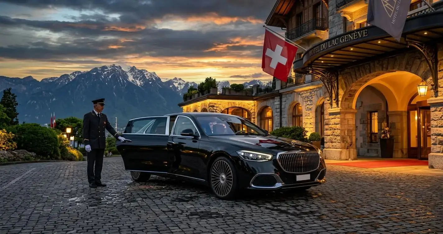 Luxury chauffeur service Switzerland for executive business travel with a chauffeur and S-Class