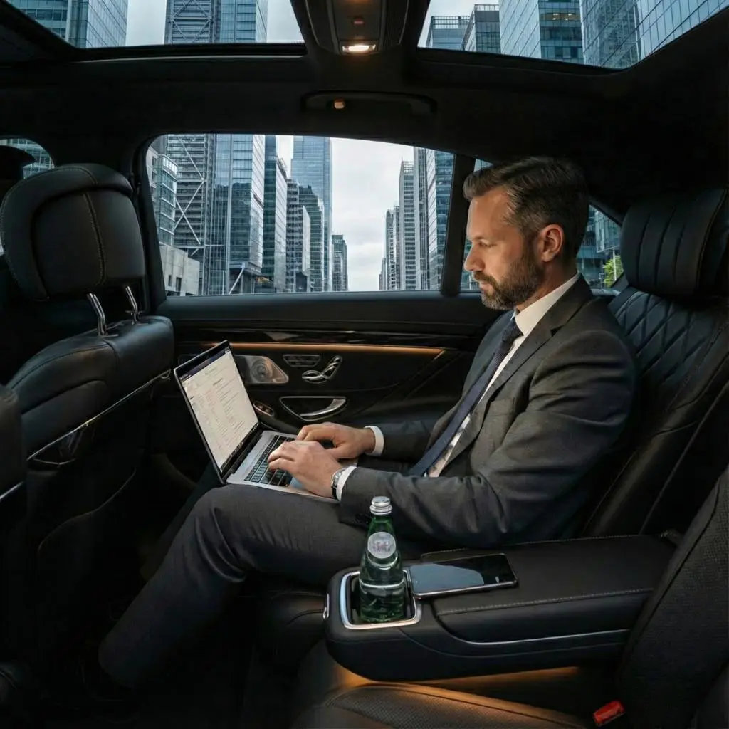 Zurich airport limousine service with a private chauffeur car waiting at Zurich Airport